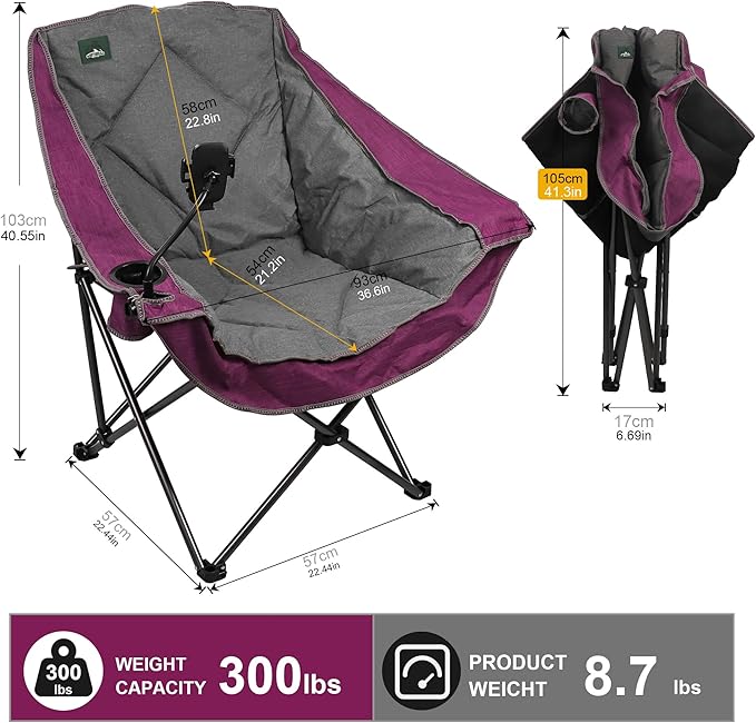 Northroad Oversized Foldable Camping Chair with Cell Phone Holder,Outdoor Padded Lawn Chair w/Cup Holder,Carry Bag for Beach, Hiking, and Picnics,Heavy-Duty 300-lbs Capacity, Purple