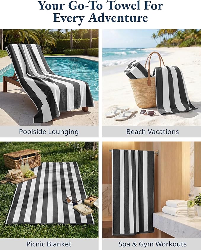 LANE LINEN Beach Towels 4 Pack - 520 GSM, (30" x 60") 100% Cotton Pool Towel for Adults - Thick & Highly Absorbent Extra Large Beach Towel - Super Soft & Quick Dry Cabana Stripe Pool Towel Set - Grey
