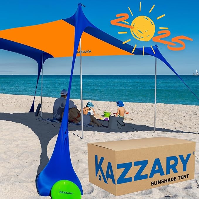 Beach Tent UPF50+ Sun Shade Canopy with Sandbags, 4 Stability Poles, Ground Pegs, Flying Disc Sand Shovel, Lightweight Sunshade Shelter, 7ft Tall for Outdoor Trips, Camping and Sports