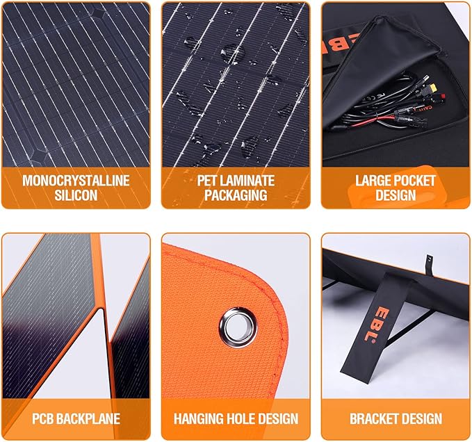 EBL 200W Portable Solar Panel for Power Station, Waterproof IP65 Foldable Solar Panel with MC-4 Anderson Output Connector for RV, Camping, Blackout