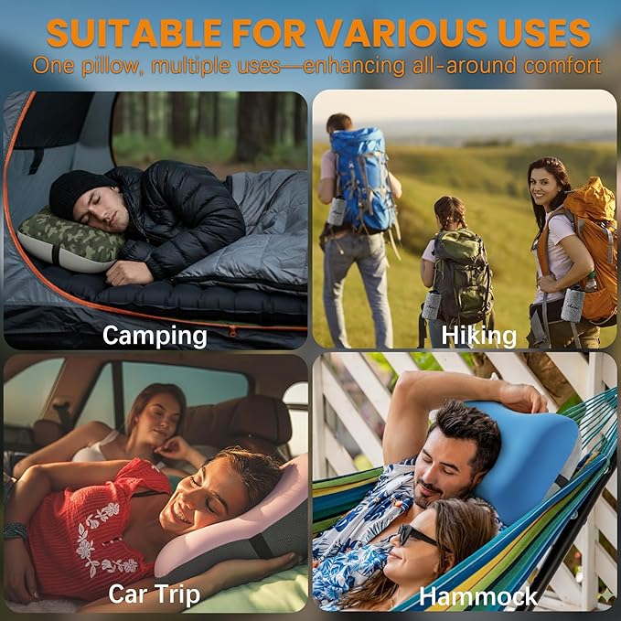 Inflatable Neck Pillow for Camping Backpacking Beach Small Ultralight Portable Hiking Gear Sleeping Bag Pad Fan Foldable Table Stove String Light Toilet Shower Cookware Flashlight Couch Accessories