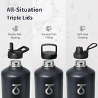 Trebo One Gallon Water Bottle Insulated with Paracord Handle,128oz Large Vacuum Double Wall Stainless Steel Insulated Jug with Straw Spout Handle Lids, Leakproof Keep Cold & Hot,Black