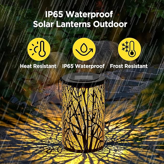 Large Solar Lanterns Outdoor Waterproof, 2 Pack Hanging Solar Lanterns, LED Tree Outdoor Lantern for Metal, Waterproof Lantern for Patio Porch Pathway Garden Decor