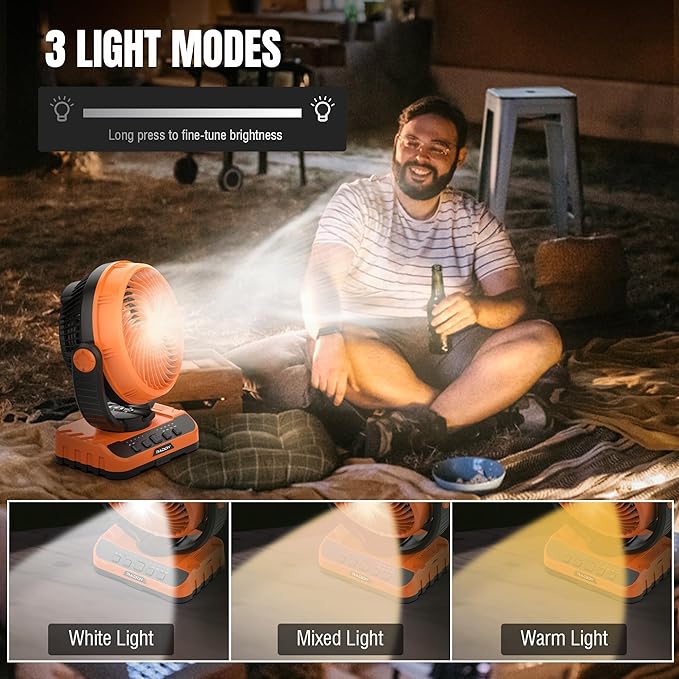 Raddy CF5 Oscillating Camping Fan with Remote, 40,000mAh Rechargeable Battery, Quiet Portable Fan with LED Light, USB-C, 5 Speeds, Hanging Hook for Tent, RV, Outdoor & Emergency Use