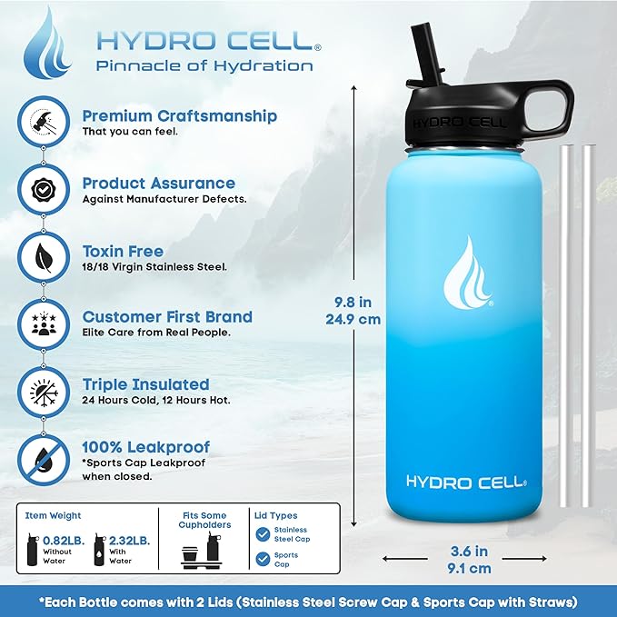 HYDRO CELL Stainless Steel Insulated Water Bottle with Straw - For Cold & Hot Drinks - Metal Vacuum Flask with Screw Cap and Modern Leakproof Sport Thermos for Adults (Sky/Blue 32oz)