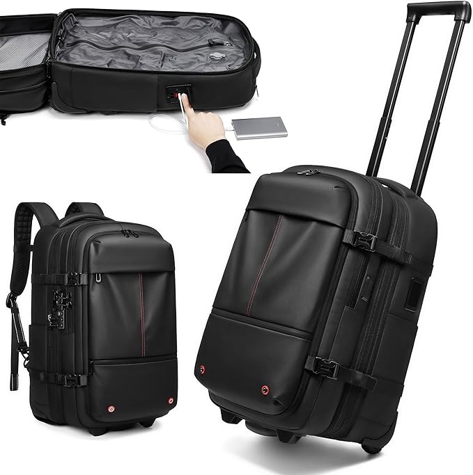Vacuum Rolling Backpack with Vacuum System, Built-in Pump and Charging Port, Carry On Luggage with Vacuum Seal Bag, Wheels, Travel Suitcase with Vacuum Compression Bag for 17" Laptop