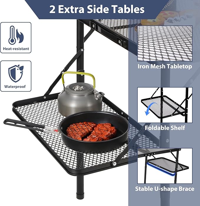 REDCAMP 36x24 Folding Grill Table for Outside with 2 Side Tables, Lightweight Portable Metal Aluminum Outdoor Grill Table with Adjustable Height Legs, Great for Camping Picnic Cooking BBQ, Black 3ft