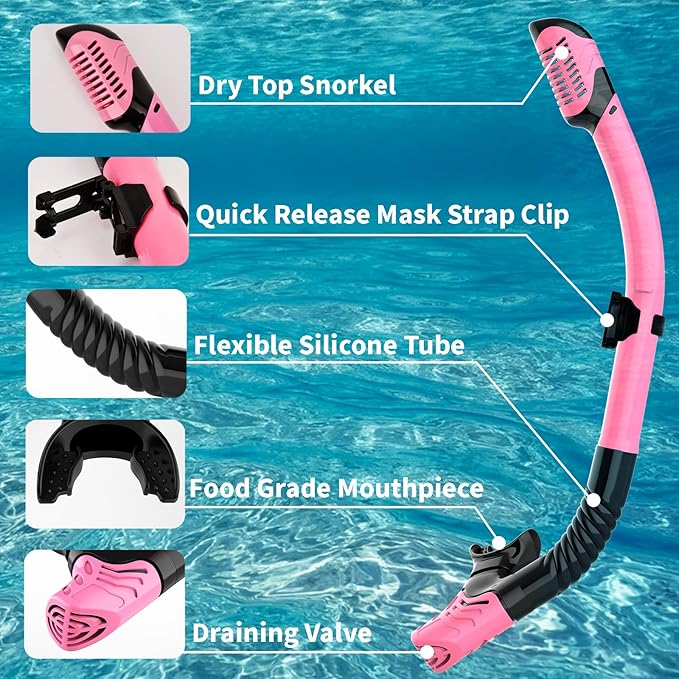 Snorkeling Gear for Adults, JRing Snorkel Mask Set with 180 Degree Tempered Glass Anti Fog Goggles Scuba Dry Top Snorkel for Swimming, Scuba Diving Mask for Men Women