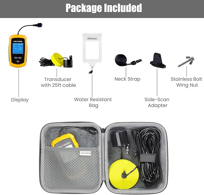 Portable Fish Finder Ice Kayak Fishing Gear Water Depth Finder Handheld Fishfinder with Sonar Transducer and LCD Display