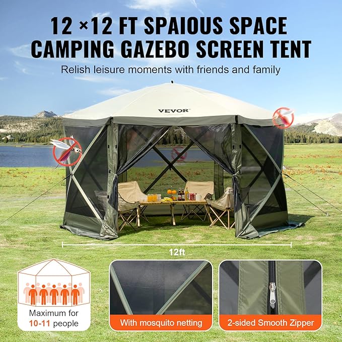 VEVOR 12x12ft Pop Up Gazebo Tent with Mosquito Netting, 6 Removable Wind Panels & 2 Mesh Windows, Outdoor Canopy Shelter for Patio, Army Green
