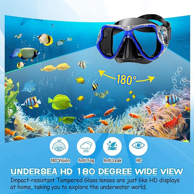 Greatever Dry Snorkel Set,Panoramic Wide View,Anti-Fog Scuba Diving Mask,Professional Snorkeling Gear