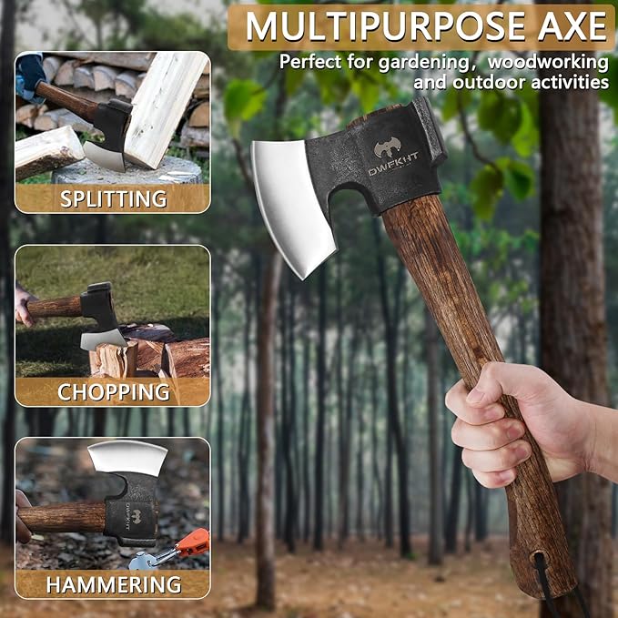 14.4" Hatchet, Camping Hatchet, Hand Forged Axe with Sheath, Bushcraft Axe with 1065 Carbon Steel and Beech Handle for Wood Chopping – Perfect for Outdoor Survival and Adventures
