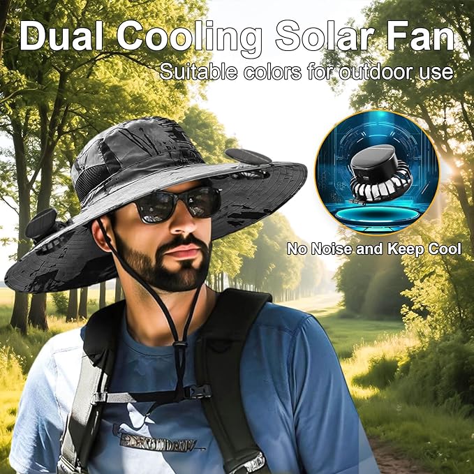 Outdoor Wide Brim Sun Hat with 2 Solar Fan for Men Women UPF50+ Outdoor Hiking Sun Protection Bucket Fishing&Cycling Hat