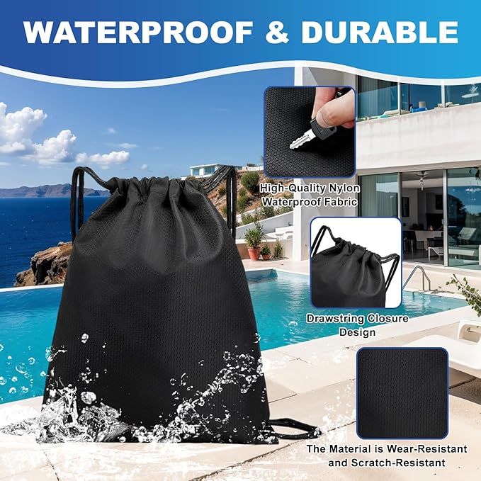 2-Pack Waterproof Drawstring Backpacks, Soccer-Texture Oxford Fabric, 16.9" × 13.8", Lightweight 0.19 lb Each, No Eyelets, Gym & Marathon Gear Sacks(Black)