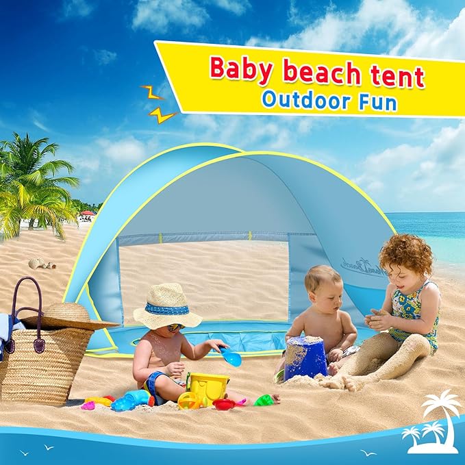 Monobeach Baby Beach Tent with Sun Hat Pop Up Portable Shade Pool UPF50+ UV Protection Sun Shelter for Infant with Easy Set Up Canopy (Blue)