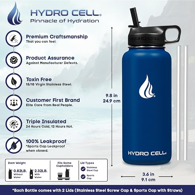 HYDRO CELL Stainless Steel Insulated Water Bottle with Straw - For Cold & Hot Drinks - Metal Vacuum Flask with Screw Cap and Modern Leakproof Sport Thermos for Adults (Navy 32oz)