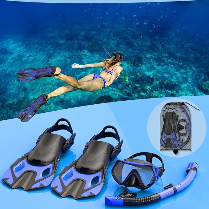Snorkeling Gear for Adults, Mask Fin Snorkel Set, Dry Top Snorkel, Snorkeling Kit Travel Diving Package, Panoramic View Anti-Fog Anti-Leak Adjustable Swim Fins