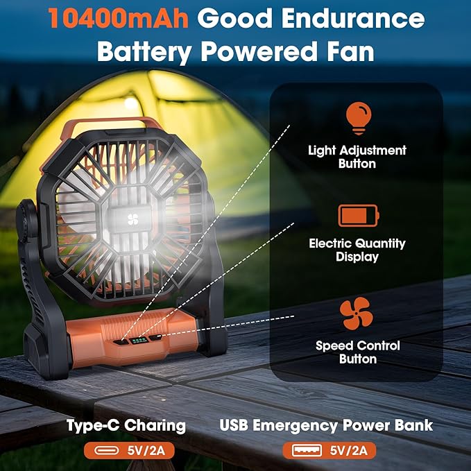 Deller 20400mAh Portable Rechargeable Fan, Tent Fan for Camping with LED Light & Hook, Battery Powered Fans for Beach Travel Treadmill Camping Gear