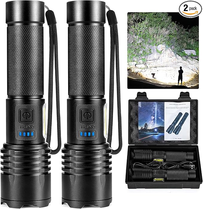 BERCOL Flashlights High Lumens Rechargeable, 90000 Lumens Super Bright Led Flashlight, 7 Modes Brightest Powerful Flash Light with COB Light, IPX6 Waterproof Handheld Flashlights for Camping Home