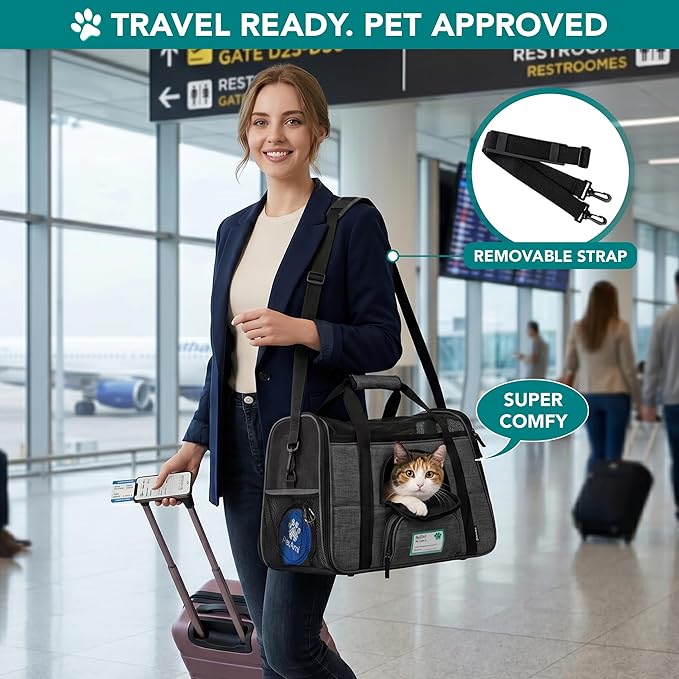 PetAmi Airline Approved Pet Carrier for Cats & Small Dogs, Soft Sided TSA Travel Carrier Bag with Sherpa Bed, Breathable Mesh Ventilation, Collapsible Bowl, Up to 18 lbs, Small Heather Dark Gray
