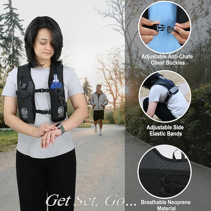 Running Hydration Vest | Mens & WomensRunning Vest | Reflective Vest Running | 7 Pocket Storage with 17oz Flask |Secure Phone Holder | Adjustable Lightweight Black Neoprene.