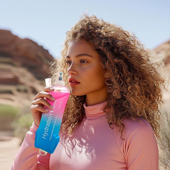 WILDREEDS 500ml Soft Flask, TPU Collapsible Soft Water Bottle for Hydration Pack, Running Vest, Folding Water Bottle for Hiking Cycling Climbing-1Pcs, Pink to Blue