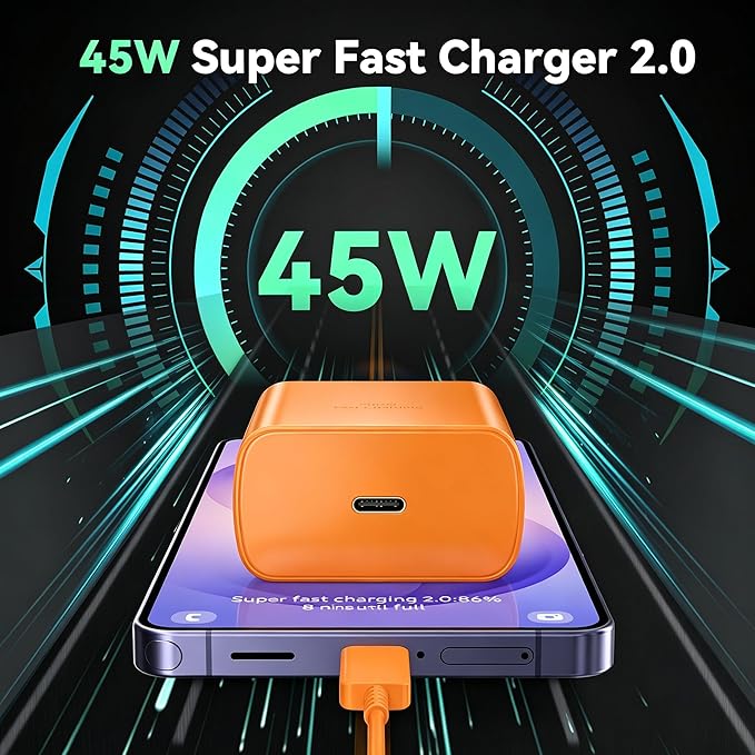 45W Super Fast Charger USB C Android Phone Type C Charger Fast Charging Block with 6.6FT Charge Cord for Samsung Galaxy S25 Ultra/S25+/S24 Ultra/S24+/S23 Ultra/S23+/S22/S21/S20/Note 10, Orange