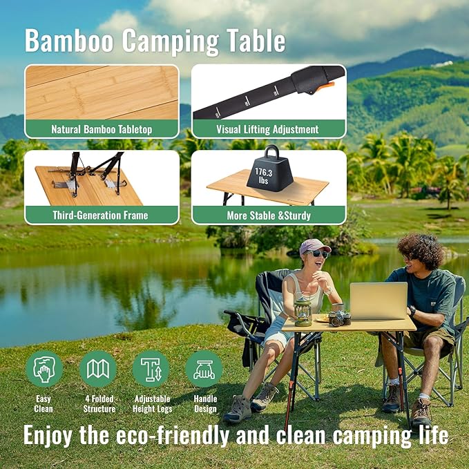 KingCamp Bamboo Folding Table, 4-Fold Camping Adjustable Height Portable Outdoor Lightweight & Compact Table with Aluminum Frame for RV Picnic BBQ Tailgating