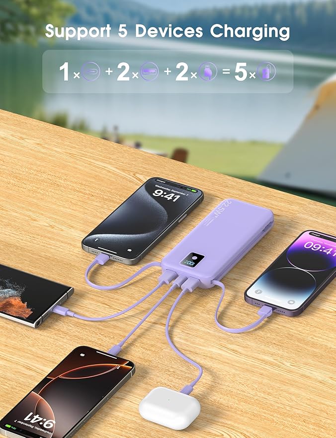 Portable Charger, 12000mAh 22.5W Fast Charging Power Bank with Built-in Cables & Wall Plug, Travel Essential Battery Pack with LED Display, USB C Battery Phone Charger for iPhone, iPad, Samsung Purple