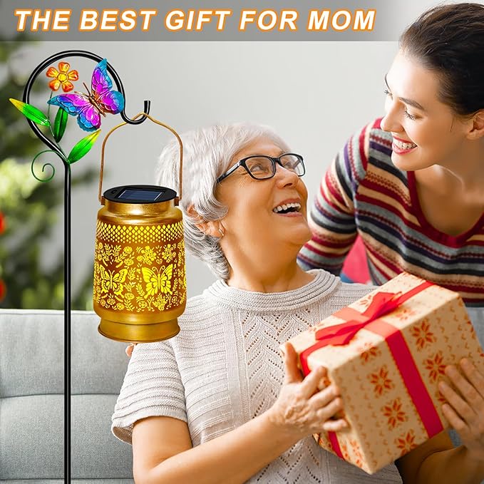 2 Pack Butterfly Solar Lanterns Outdoor Waterproof Hanging,Metal Solar Garden Lanterns for Yard Patio Pathway Lawn Front Porch,Birthday Gifts for Mom Woman Grandma