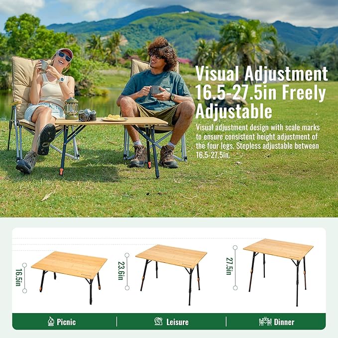 KingCamp Bamboo Folding Table, 4-Fold Camping Adjustable Height Portable Outdoor Lightweight & Compact Table with Aluminum Frame for RV Picnic BBQ Tailgating