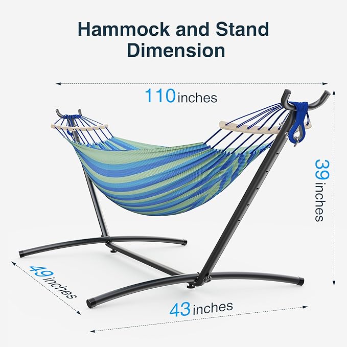 Double Hammock, Heavy Duty Portable, 500 lb Weight Capacity, Perfect for Both Indoors and Outdoors, 2 Person Hammock with Carrying Bag, Wide Blue