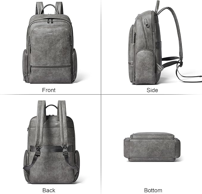 Leather Backpack for Women, Fits 15.6 Inch Laptop, Soft Vegan Leather Backpack for Travel and Daily Use, Grey