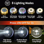 4 in 1 Camping String Lights 32.8FT Outdoor Quick Storage Camping Lights String & Lanterns, 8 Modes Retractable Camping Essentials Waterproof Camp Lights for Tent Gear