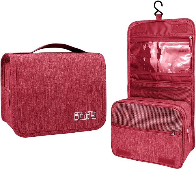 Lcsmaokin Large Capacity Toiletry Bag Travel Bag with Hanging Hook for Men and Women Waterproof Travel Cosmetic Bag Bathroom Storage Bag for Brushes Set, Full-Sized Shampoo, Toiletries, Wine Red