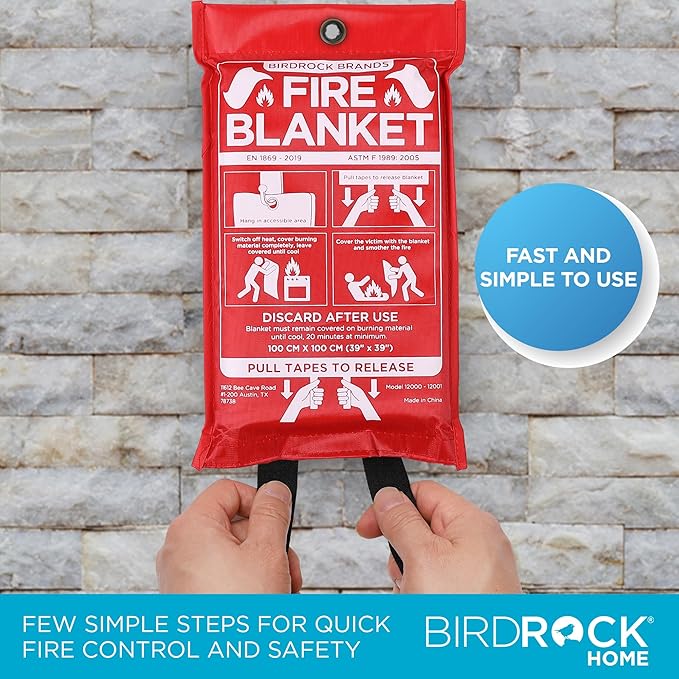BIRDROCK HOME Fire Blanket for Home and Kitchen | Emergency Supplies for Small Fires | CE Safety Standard Approved | Fiberglass Fire Suppression, Mess-Free | Ideal for Camping Vehicle Kits | 4 Pack