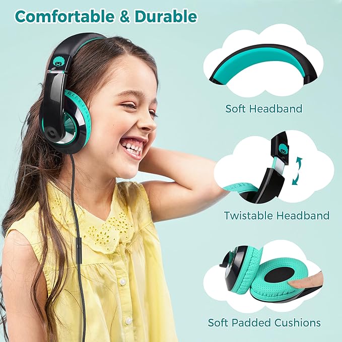 rockpapa Comfort+ Kids Headphones with Microphone, Boys Girls Student Over-Ear Headphones Wired Foldable for School Classroom Laptop PC Computer Tablet Black Teal