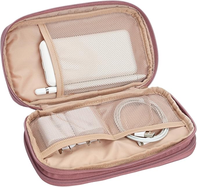NISHEL Travel Cord Organizer Case, Double Layers Tech Electronic Case, Travel Essentials for Charger, Cable, Phone, Flash drive, Medium, Rose-wood Pink