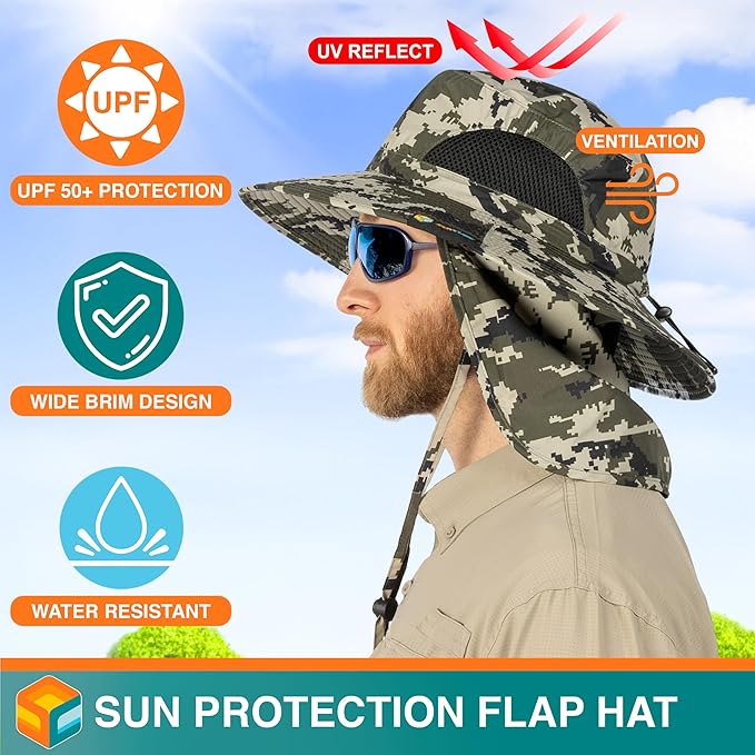 SUN CUBE Wide Brim Sun Hat Men Women, Fishing Hats Sun UV Protection, Mens Hiking Bucket Hat Safari Beach Boonie, UPF 50+