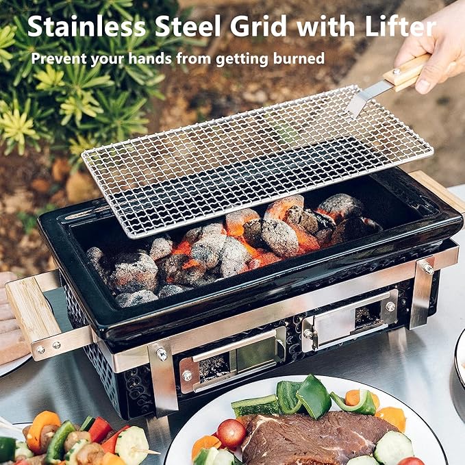 Onlyfire Charcoal BBQ Grill Hibachi Grill with Grid Lifter, Portable Yakitori Grill with Stainless Steel Grate, Barbecue Stove for Outdoor Camping Picnic Patio Backyard Cooking, GS306