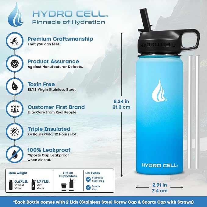 HYDRO CELL Stainless Steel Insulated Water Bottle with Straw - For Cold & Hot Drinks - Metal Vacuum Flask with Screw Cap and Modern Leakproof Sport Thermos for Adults (Sky/Blue 18oz)