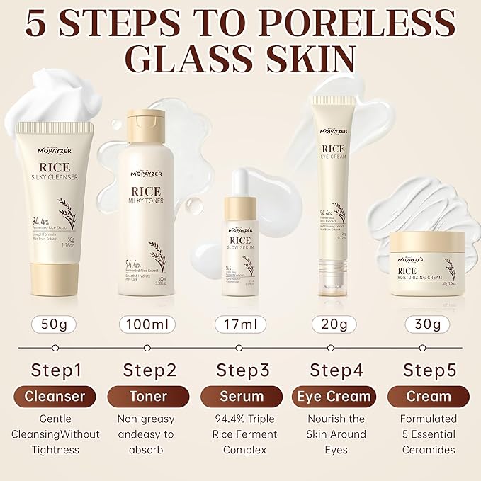 5PCS Rice Skincare Set, Korean Hydrating Skin Care for Girls Teens Women, Rice Cleanser Toner Serum Face Cream Eye Cream, Moisturizing Daily Skincare Routine Kit