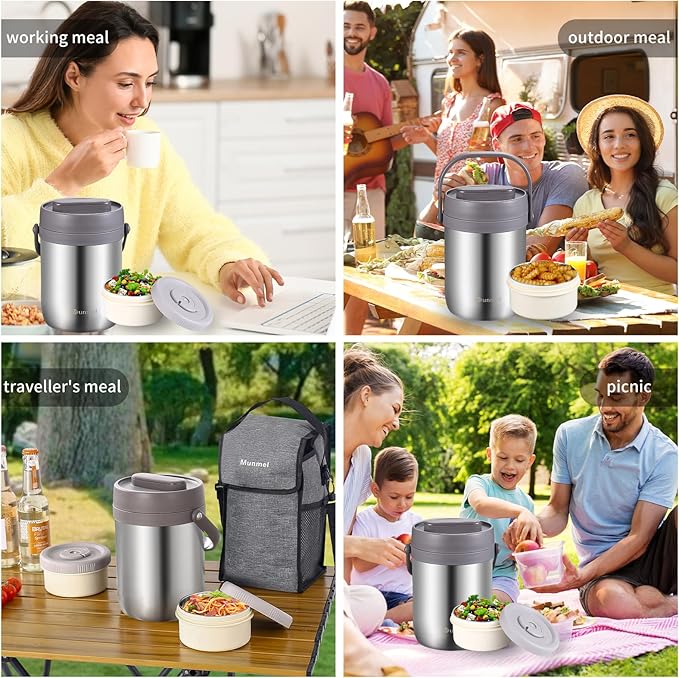 Adults Lunch Vacuum Soup Thermo For Hot Food with Inserts Stackable Bento Box Storage Container,Width Mouth Stainless Steel Portable Insulated Food Jar (silvery, 74 oz)