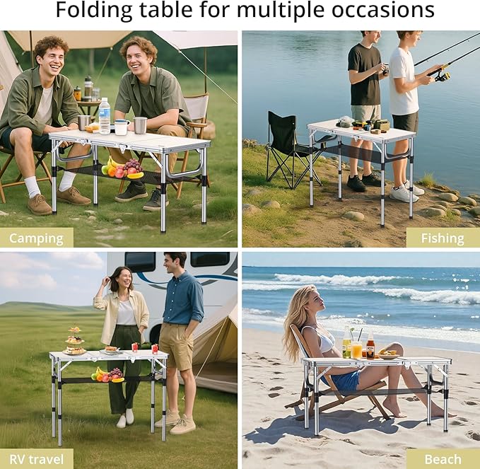 Folding Camping Table with Storage Net, 3ft Camping Table Aluminum Folding Table with 3 Adjustable Height Max 27.1 Inch, Portable, for Outdoor Backyard BBQ, Silver