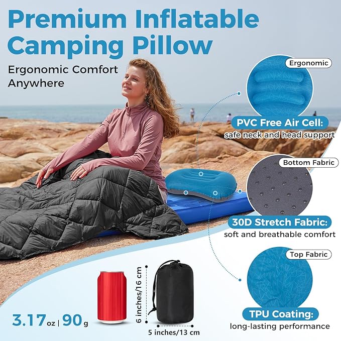 ATEPA Inflatable Camping Pillow, Ultralight Waterproof Travel Pillow with Ergonomic Support & Leak-Proof Air Valve, Compact Portable Pillow for Hiking Backpacking Tent Airplane Beach, Navy