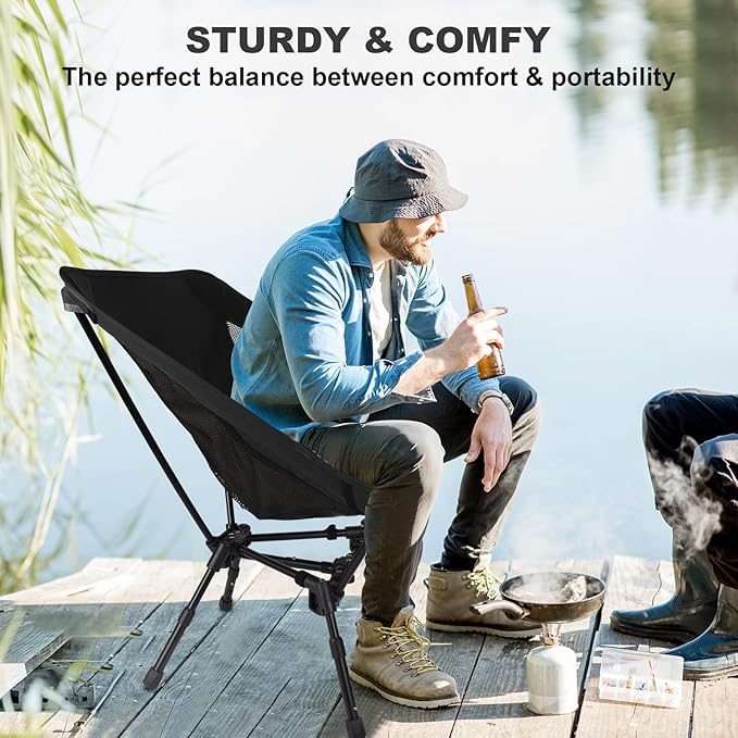 MINGPINHUIUS Portable Folding Camping Chair: Lightweight Height Adjustable Camping Chairs Stable Supports 330 Lbs with Side Pockets for Outdoor Camp, Travel, Beach, Lawn (Black)