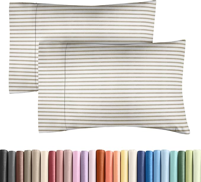 King Pillow Cases Set of 2 - Ultra Soft Hotel Quality Pillowcase Covers - Comfy Cozy Bedding for Women, Men, Kids & Teens - Machine Washable Pillow Protectors - 2 Pieces Set - King Size Beige Stripes