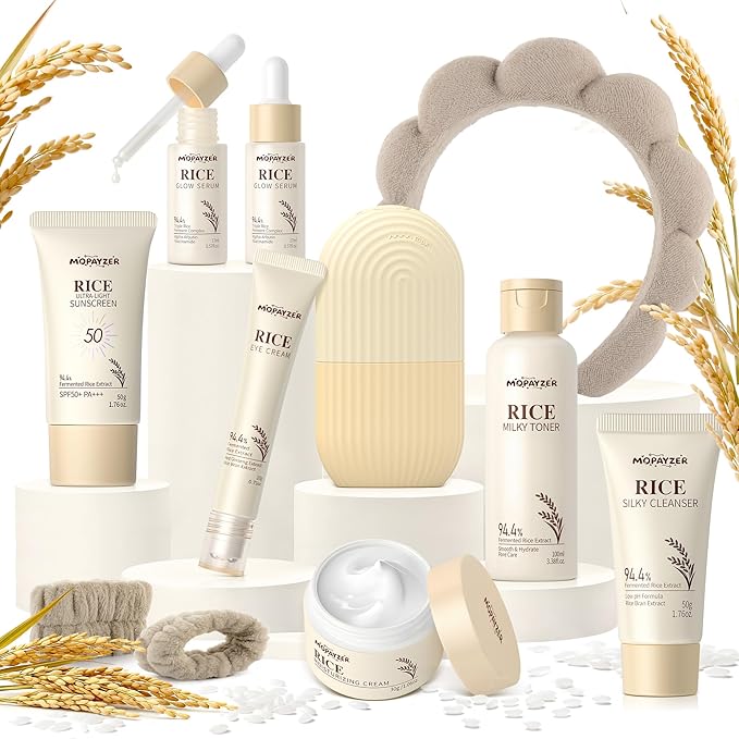11PCS Rice Skincare Set, Korean Hydrating Skin Care for Girls Teens Women, Cleanser Toner Dual Serum Cream Eye Cream Sunscreen with Ice Roller & Headband Wristband, Daily Skincare Routine Kit