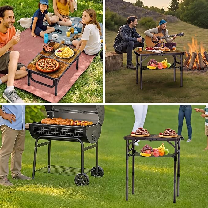 2ft Camping Table Foldable with Storage Net, 3 Adjustable Heights 27.5" Aluminum Small Portable Table with Carrying Handle, for Outdoor Indoor Picnic Beach Party Travel, 24" X 16", Brown