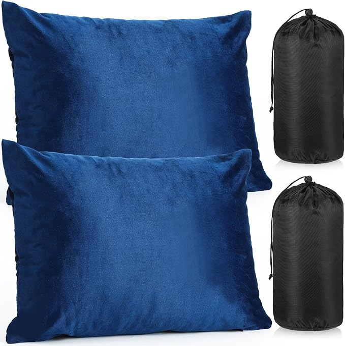 2 Pack Camping Pillow for Sleeping Shredded Memory Foam Travel Pillow with Storage Bag, Compressible Portable Pillow for Outdoor Camp Backpacking Hiking Essential Gear (Blue, Small)
